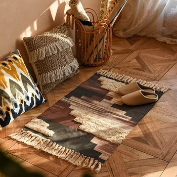 Скандинавски Ретро-ръчно изработени Килими с пискюли, Началната дневна, Нощни памук и лен подложка за пода, Модерен прост килим