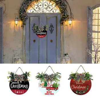 Весел Коледен Венец На Входната Врата, Дървена Кръгла Табела На Коледните Верандата Селска Къща Коледна Декорация За Стени Прозорци На Предната Веранда