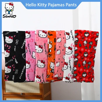 Sanrio Hello Kitty Аниме Фланелен Пижамные Панталони на Черни и Розови Дамски Топли Вълнени Бели Мультяшные Ежедневните Домашни Есенни панталони за момичета