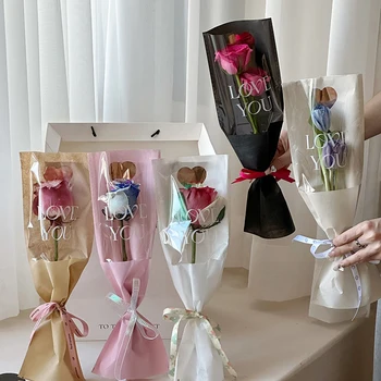 10шт Единични розови торбички, чанта за опаковане на цветя, торбички за опаковане на букети, Прозрачни найлонови цветни опаковки за Свети Валентин