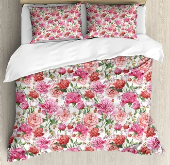 Акварел комплект спално бельо за спалня, домашни розови божури и рози, зелени листа, пухени Екзотични Генерал, чаршаф, калъфка за възглавница
