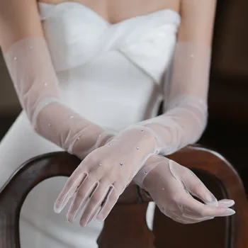 Сватбени ръкавици Flash Diamond Елегантни Бели Мрежести ръкавици за сватбена вечеря на Едро