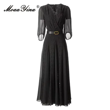 Модерно дизайнерско рокля MoaaYina, Лятно женствена рокля, однотонное дантелено рокля с V-образно деколте, ръкав-фенерче, колан, открита рокля с бродерия