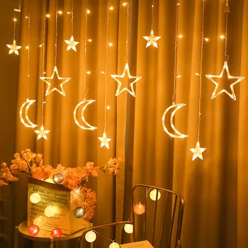 Луната Звезда Завеса Светлини 3,5 М Прозорец Страхотна Струнни Светлини за Вътрешния Прозорец Детска Спалня Булчински Венец Парти Коледен Декор