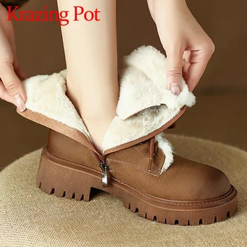 Krazing Pot, естествена кожа, плюш, през цялата чорап, среден ток, Издръжливи на зимни обувки, непромокаеми ботильоны джоб с появата на шнур, ретро