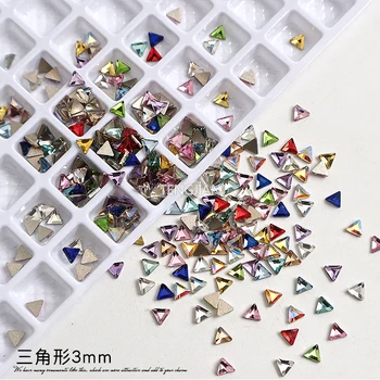 Триъгълник, 3 мм, 12 цвята, мини-блестящи стъклени кристали, кристали за дизайн на ноктите с фиксирана облегалка, декорации за маникюр 