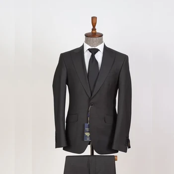 Черно яке от 2 части, панталони, мъжки костюми, Без шипове, нормална дължина, с ревери на една пуговице, Луксозен Сватбен блейзър, Официален комплект