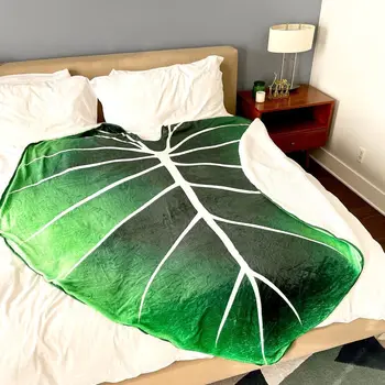 Творческа растение, супер Меко одеало с гигантски зелени листа с принтом, Флисовое уютно одеало с листа за легла, мека мебел, дома, на килима