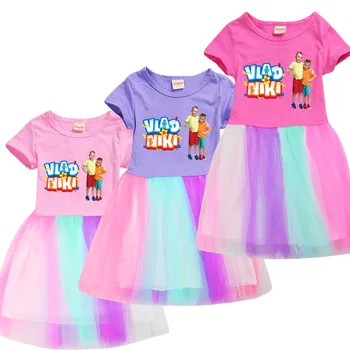Влад Ники 2022 Летни детски рокли за момичета, рокля-риза с къс ръкав, детски дрехи за рожден ден, тоалети с анимационни принтом