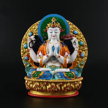 11,5 см Бодхисатва Авалокитешвара Деликатна Смола, Покрити с ръчно Будистки Доставчици, четырехрукая Тибетски фигурка Гуаньинь Статуя на Буда