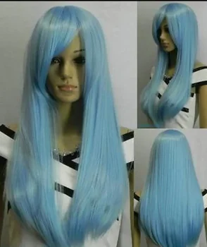 Модерен дълга права, светло синьо директен женски перука за cosplay