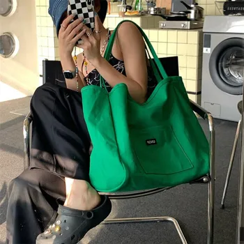 Версия Ежедневни Проста однотонная холщовая младежка чанта за момичета, чанта под мишниците, модни дамски улични чанти за пазаруване, плажни чанти