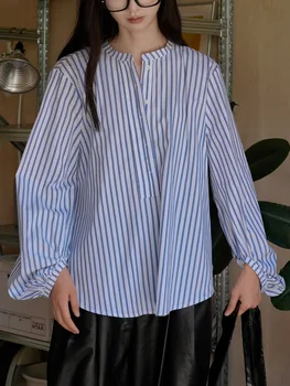 Пролетно-есенен дамски ежедневни риза свободно намаляване на райе с кръгло деколте и дълги ръкави