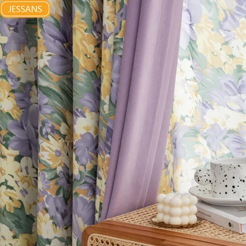 Нови лилави пердета от памук и лен с шарени бои за хола Спални, тераси, френски прозорци по поръчка