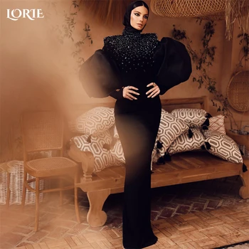 LORIE Muslim, блестящи вечерни рокли на Русалка, бродирани с мъниста, С пищни ръкави, Черно женствена рокля за бала, Луксозно дебнещ рокля за партита