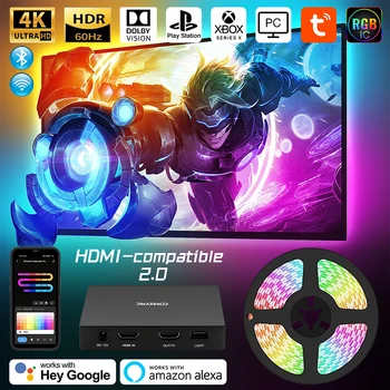 Smart TV с RGB подсветка, синхронизация на цветовете на екрана led лента, което е съвместимо с HDMI устройство 2.0, скоростна синхронизация на Алекса/Google/TV Box