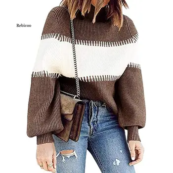 Жена пуловер с висока воротом и ръкав-фенерче, Нов всекидневен свободен пуловер райе с високо воротом, дамски зимни дрехи, съкратен пуловер
