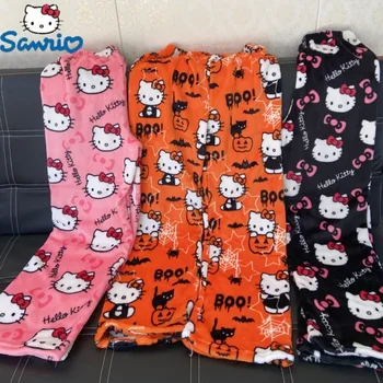 Нова Пижама Sanrio Hello Kitty За Хелоуин, Фланелен Модни Панталони, Дамски Кавайные Вълнени Ежедневните Домашни Панталони С Шарени Аниме От Картун Зима