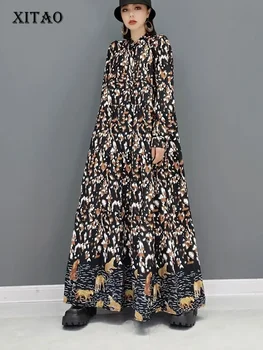 XITAO Мозайка рокля с драпировкой и принтом, Женствена рокля 2021, Есенна Ежедневна Мода, Стил, Темперамент, Универсална дамски дрехи WMD3478