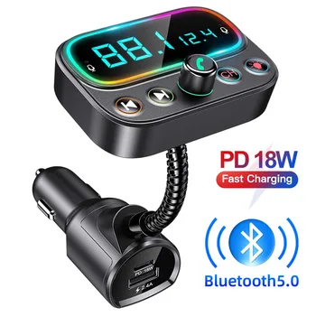 Bluetooth 5,0 FM-Предавател USB PD Адаптер за Зарядно Устройство с LCD Дисплей 3 Порта USB/9 Цветни Безжични Автомобилни Комплекти С Led Подсветка Възпроизвеждане на Музика
