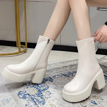Дамски обувки за продажба 2023, Висококачествени дамски ботуши с цип, есенни модни обувки с квадратни пръсти, със средна дължина, на дебелите обувки.