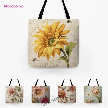 Ретро Слънчоглед, Божур, Хортензия, през пролетта цветя, маслени бои, модерна чанта през рамо, водоустойчив цвете чанта за пазаруване в голям размер