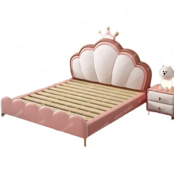 Бебешко легло Girls Pink Princess Bed Модерна Просто Едно легло 1,35 М, Кожено легло за съхранение на Crown Bed