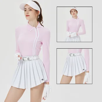 Blktee Дамски тънка блуза за голф в ретро стил с висока яка, еластични спортни ризи, дамски поли за голф с висока талия, комплекти плиссированных шорти.