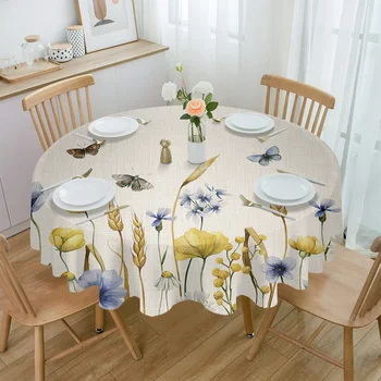 Кръгла покривка с цвете и пеперуда, скок на пшеница, водоустойчив капак за масата за сватбеното парти, празнична покривка за масата за хранене