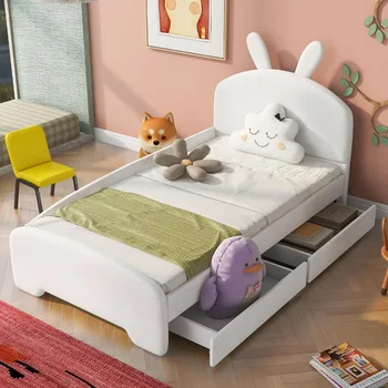 Рамка на легло, двойно меко легло на платформата с таблата под формата на мультяшного ухото и 2 чекмеджета, рамка детски легла