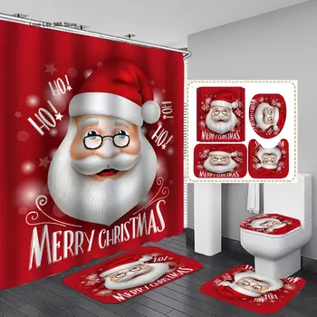 Завеса за душ с принтом Дядо Коледа, полиестер, водоустойчив мат с червено камбана, Тоалетка набор, принадлежности за баня, защита от мухъл