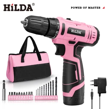 Комплект литиево-йонни дрелей HILDA 12V, Розово Акумулаторен инструмент за ремонт на дома си с чанта за съхранение, Комплект инструменти за поддръжка у дома