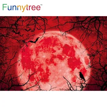 На фона на партито в чест на Хелоуин Funnytree Red Moon Прилеп Ужасна Нощна Птица, Клони Илюзорен реквизит за снимки Фон за фото студио