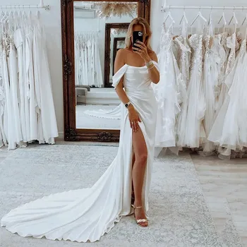 Елегантни сватбени рокли трапецовидна форма за жени, новост 2023 г., красива булчинска рокля с открити рамене, висока облегалка, секси сватбени рокли за миене на съдове