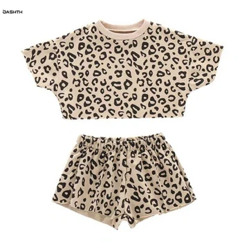 Костюм-риза с леопардовым принтом и къси ръкави за момичета OASHTH, нови летни къси панталони за малки момичета, комплект от две части