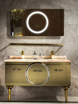 Лека луксозна комбинация от шкафове за баня от неръждаема стомана, изработени по поръчка мивка за баня wabi-Sabi gold, двойна мивка, мраморно склад