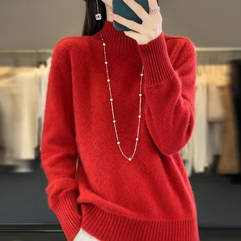 Есенно-зимния нов пуловер жена от 100% мериносова вълна, пуловер с полувысоким деколте, всекидневни свободен вязаный топ с подплата, модерен
