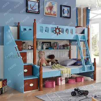 Модерен малък апартамент в скандинавски стил, детска двупластова с чекмеджета, сгъваемо детско двуетажно легло от дърво