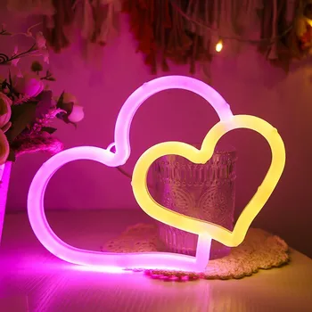 Неонови надписи Double Love, led лека нощ, атмосферата осветление се захранва от USB / батерията, за рожден ден, хол, градина, вътрешен двор, декор