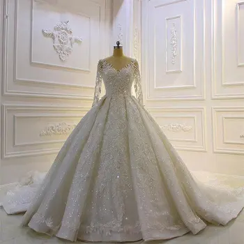 Скромна сватба рокли с дълъг ръкав за сватбени рокли Прозрачна Горловина със скъпоценни камъни, Лейси апликация с пайети, по-големи размери, Халат Де Марье на поръчка 2024 г.