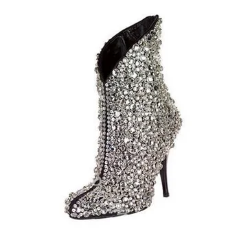 Пикантни модни обувки на висок ток с кристали, с остри пръсти, дълбоко V-образно деколте, сватбени модела обувки с декорация във формата на кристали, ботильоны за подиум, ботильоны за подиум