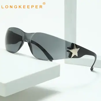 Longkeeper 2023 Пънк-Женски Слънчеви Очила Y2K Star Luxury One Piece Лещи Стръмни Нови Слънчеви Очила Без Рамки Y2K 2000-те Години Нюанси Goggle