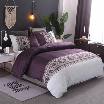 Комплект спално бельо лилаво, Кратък чаршаф с цветя модел, Калъфка за възглавница, Двойно легло Twin Queen, Спално бельо за дома
