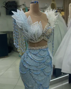 Луксозно небето-синьо вечерна рокля с мъниста и кристални пискюли, сватбена вечерна рокля 2023 Русалка, дълга рокля за бала известни личности Vestido De Fiesta