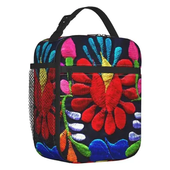 Мексиканска Фиеста Flowers Art Изолирано чанта за обяд за жени, Текстилен за Преносим Охладител, Термос за обяд за ученици