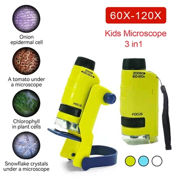 Модул за обучение преносим джобен микроскоп с led подсветка, определени микроскопи 3 в 1, 60-120-кратно детски за лаборатория, начална училищна науката.
