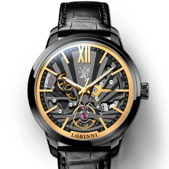 LOBINNI мъжки автоматичен часовник, луксозни мъжки ръчен часовник черни механични ръчни часовници 50 м водоустойчив скелет швейцарски часовник