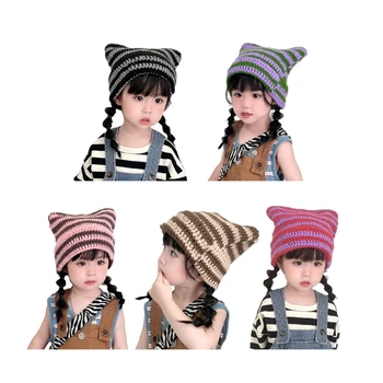 67JC Приятна и удобна Детска шапка с уши Дяволската Котка, Модни Вязаная шапка за момичета и момчета, подходяща за дете на 3-15 години