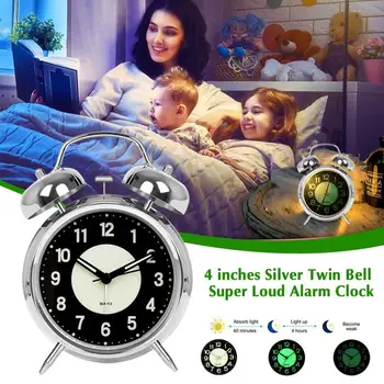1 Бр 4 Инча Метален Сребърен Двойна Камбанка Супер Силен Alarm Clock Безшумен Нощно Alarm Clock За Работа И Сън