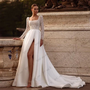 Елегантни дамски сватбени рокли трапецовидна форма, лейси 3D апликация с квадратни деколтета, секси атласное принцеса рокля с цепка отстрани, Vestidos De
